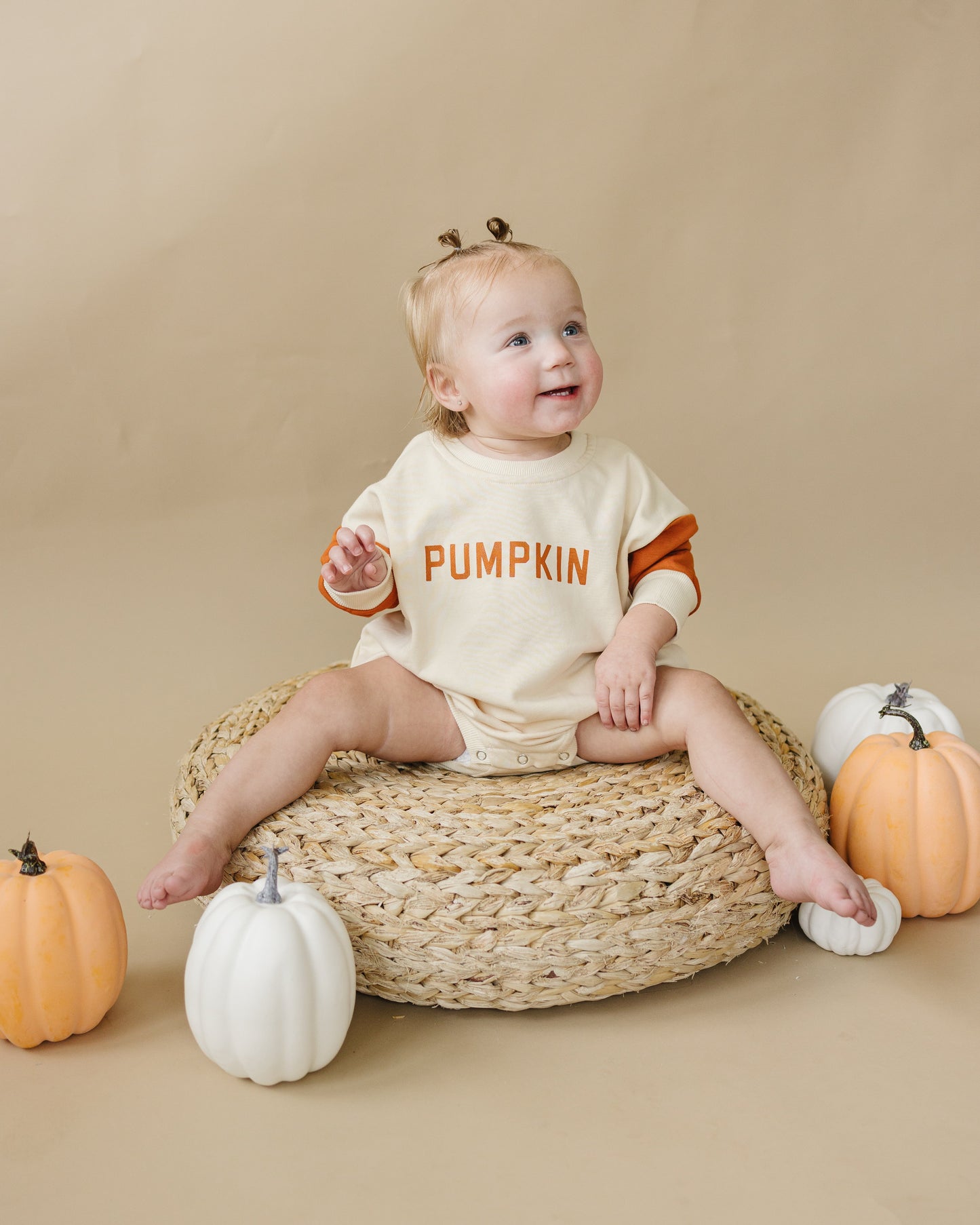 Colorblock 'Pumpkin' Sweatshirt Romper by Little Joy Co., product view 3