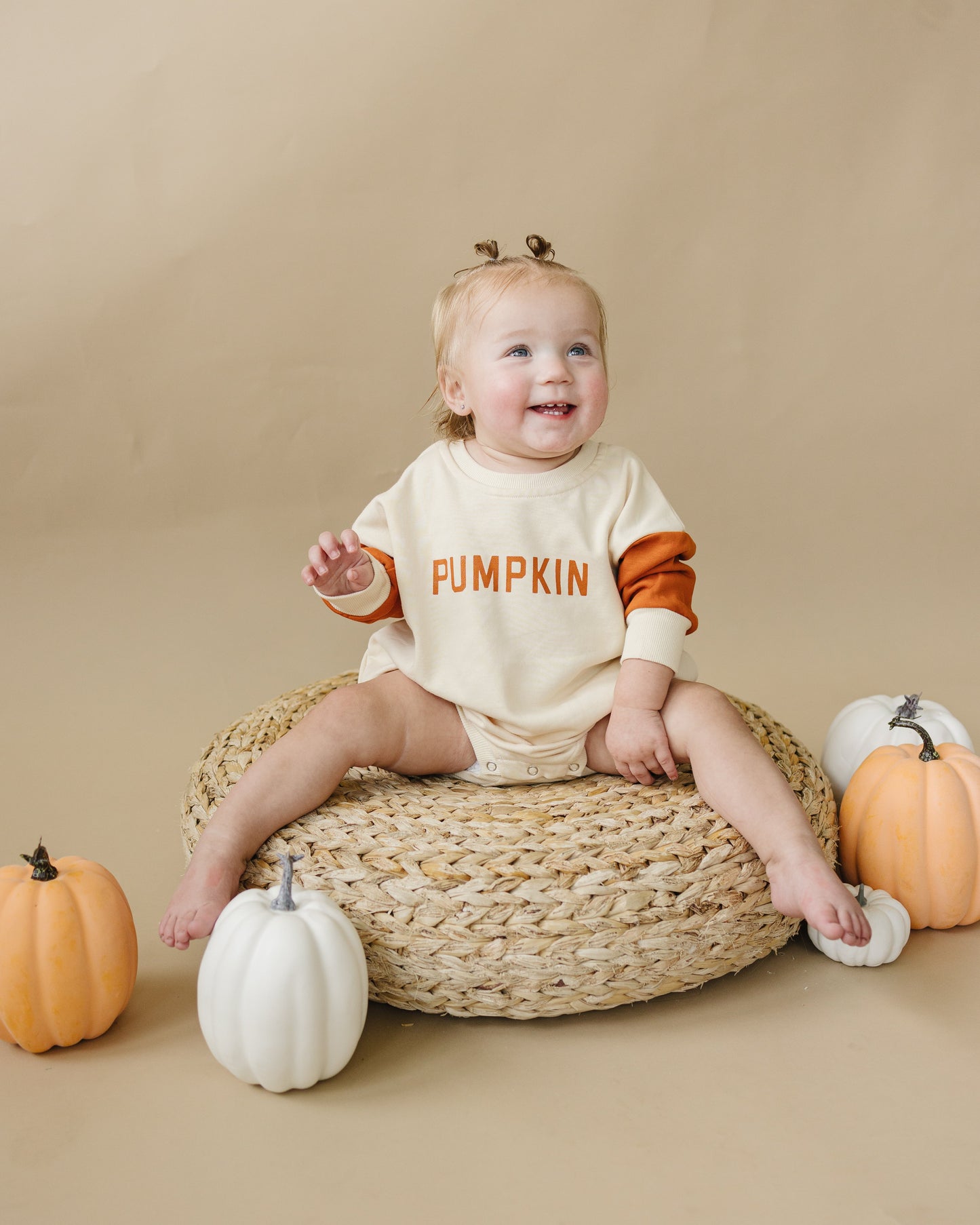 Colorblock 'Pumpkin' Sweatshirt Romper by Little Joy Co., product view 4