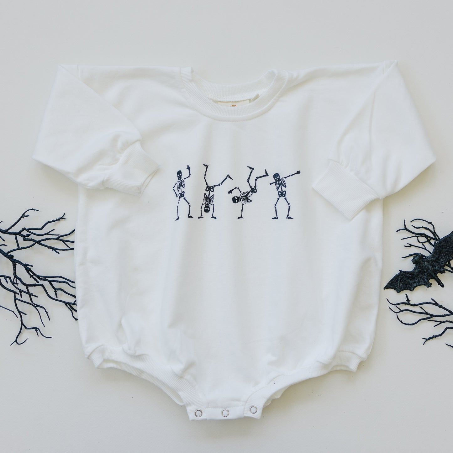 Dancing Skeletons Sweatshirt Romper - White by Little Joy Co., product view 2