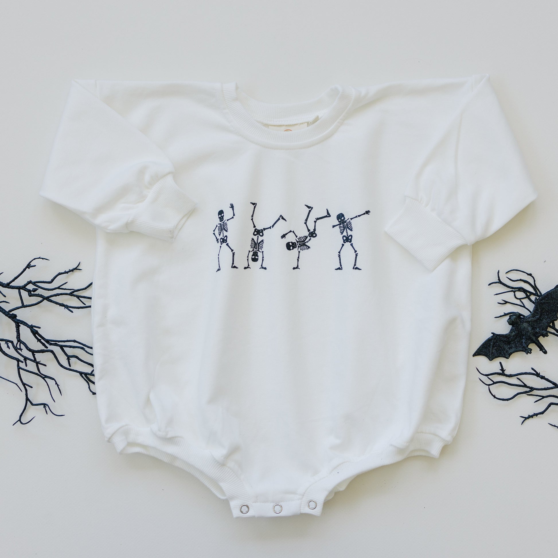 Dancing Skeletons Sweatshirt Romper - White by Little Joy Co., product view 2