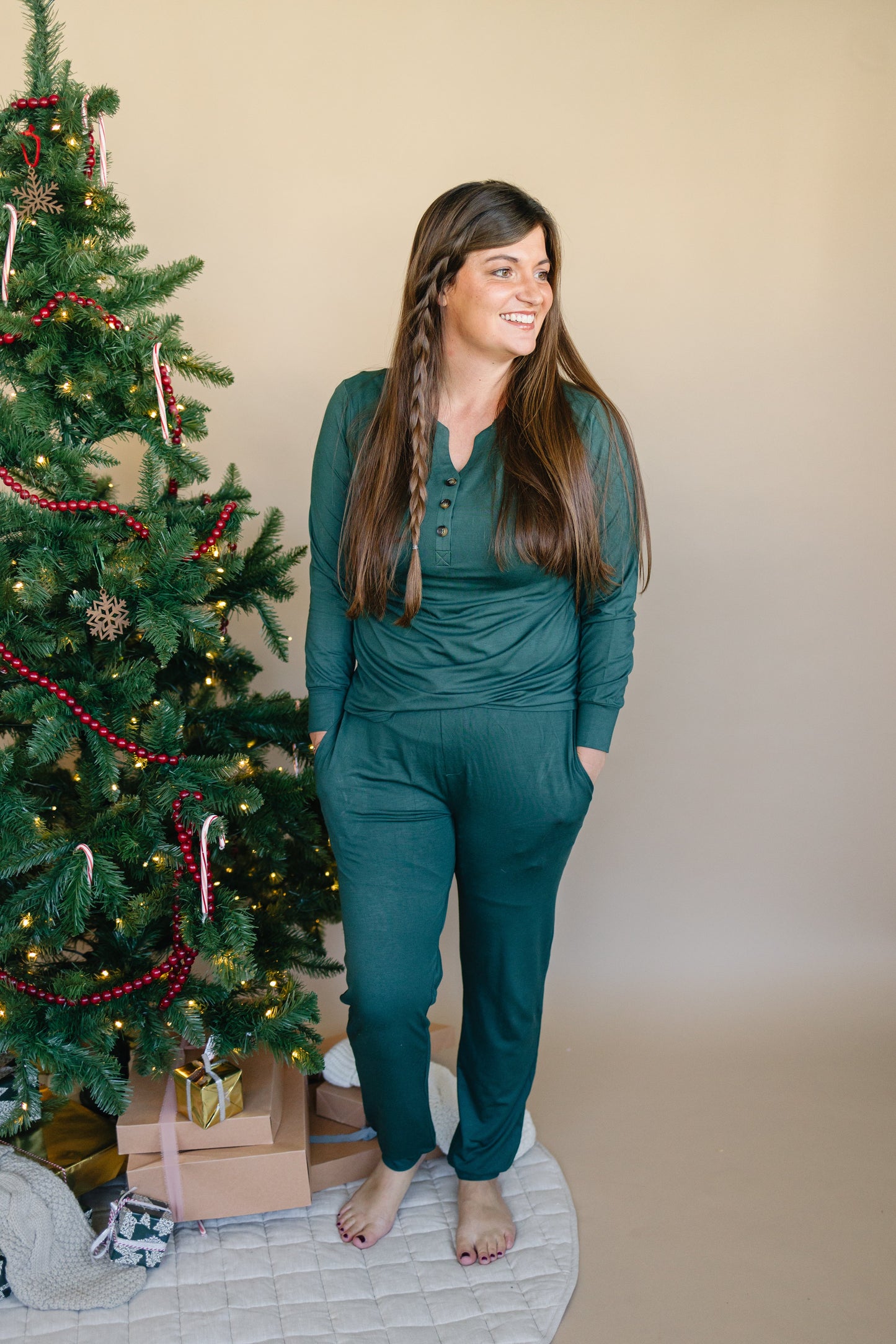 Women's Green Emerald Bamboo Christmas Pajamas by Little Joy Co., product view 3