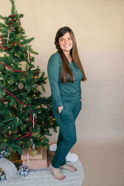 Women's Green Emerald Bamboo Christmas Pajamas by Little Joy Co., product view 2
