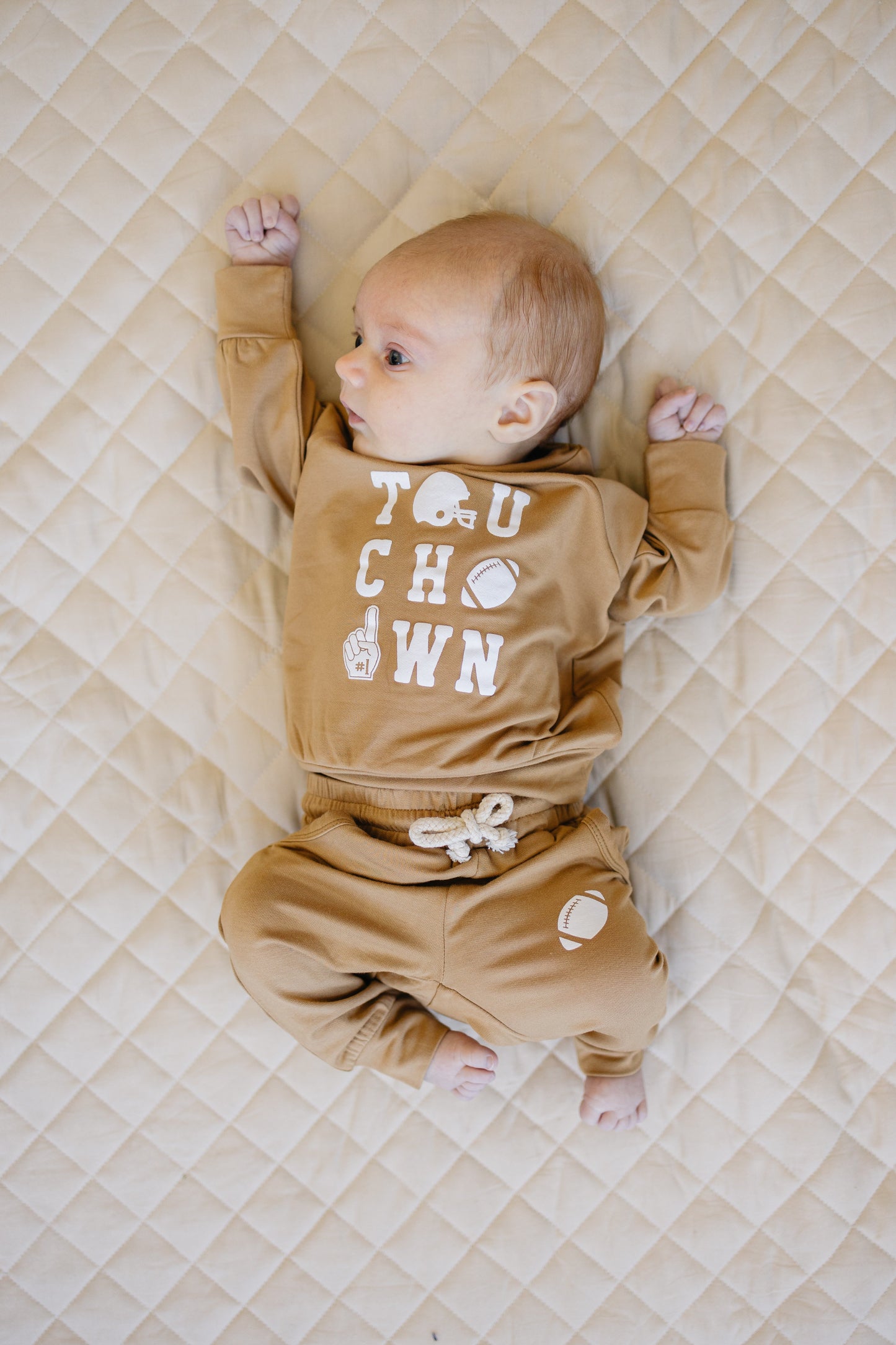 Touchdown Football Bamboo Crewneck & Jogger Set *2T-5T left by Little Joy Co., product view 2