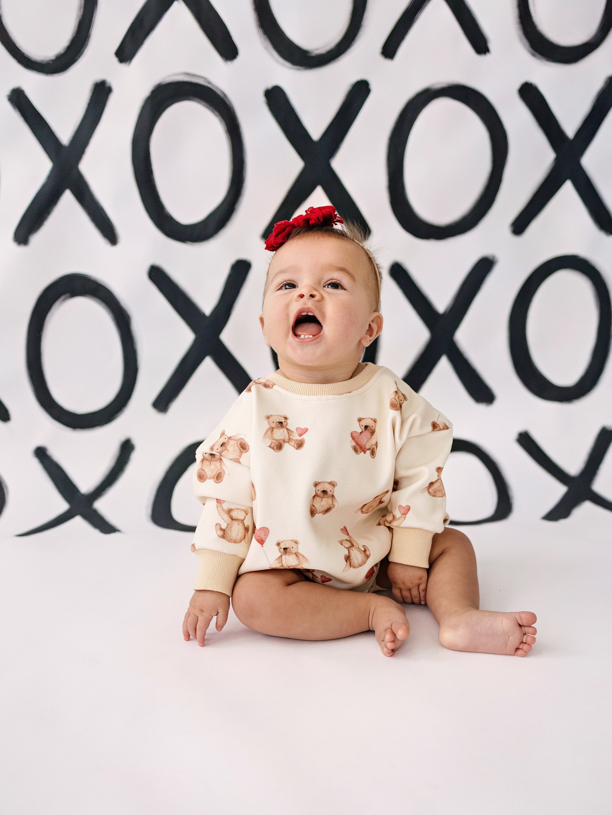 Teddy Bear Hearts Sweatshirt Romper by Little Joy Co., product view 5