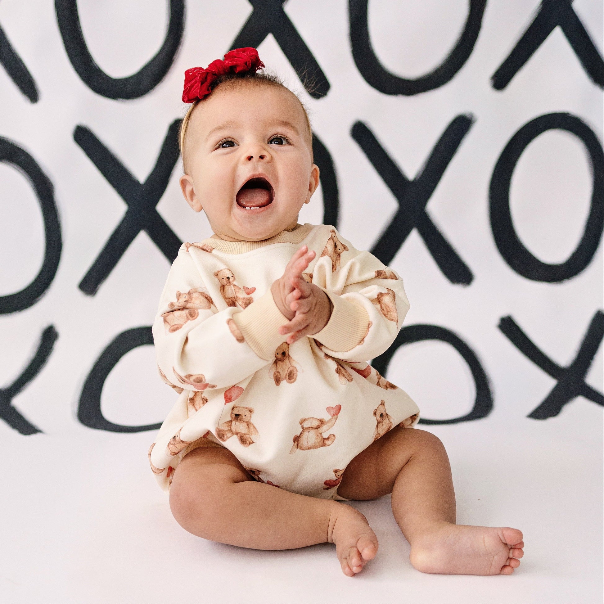 Teddy Bear Hearts Sweatshirt Romper by Little Joy Co.