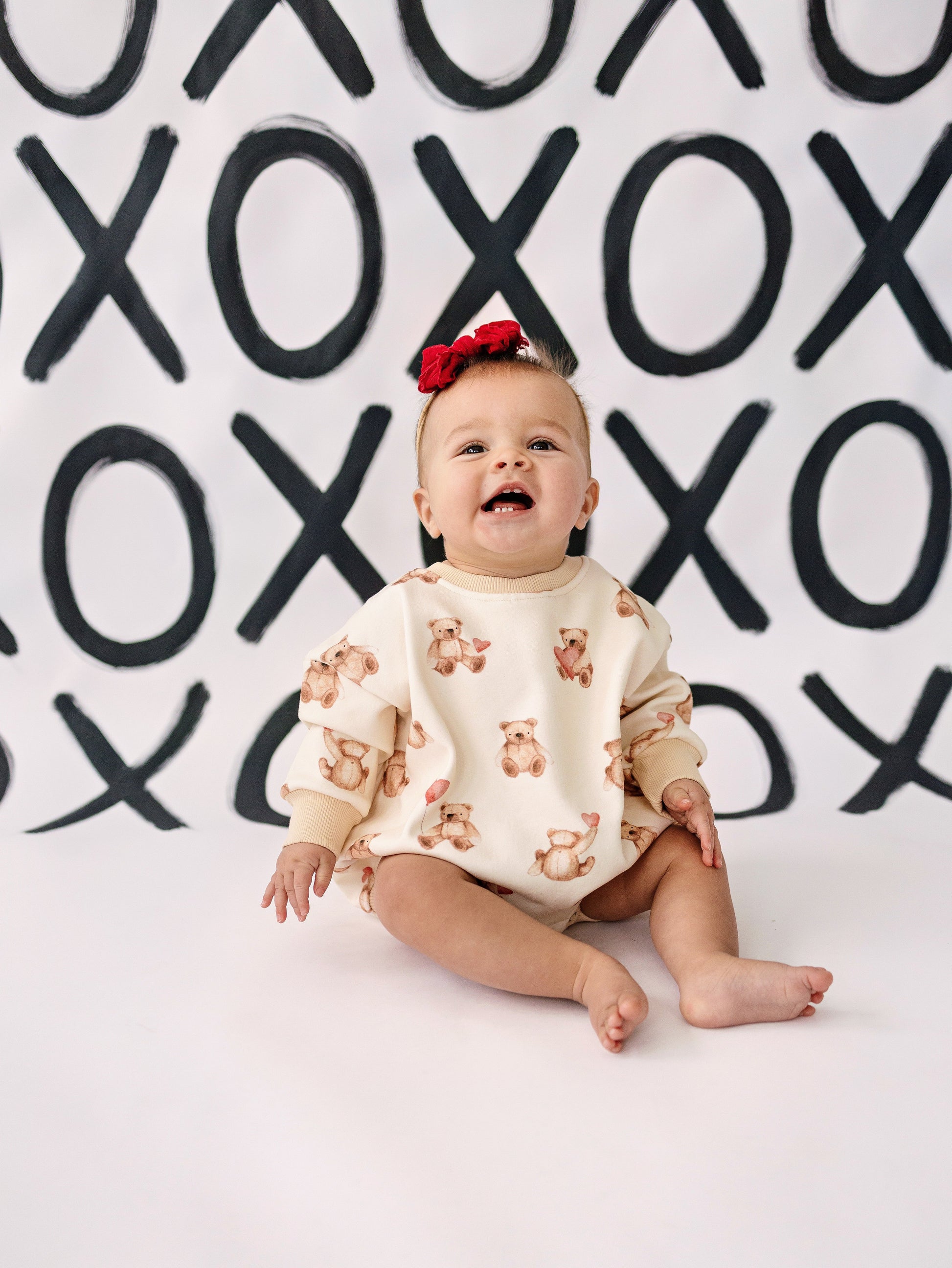 Teddy Bear Hearts Sweatshirt Romper by Little Joy Co., product view 6