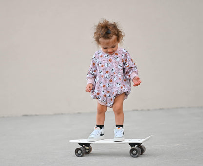 Purple Floral Skulls Bamboo Bubble Romper by Little Joy Co., product view 3