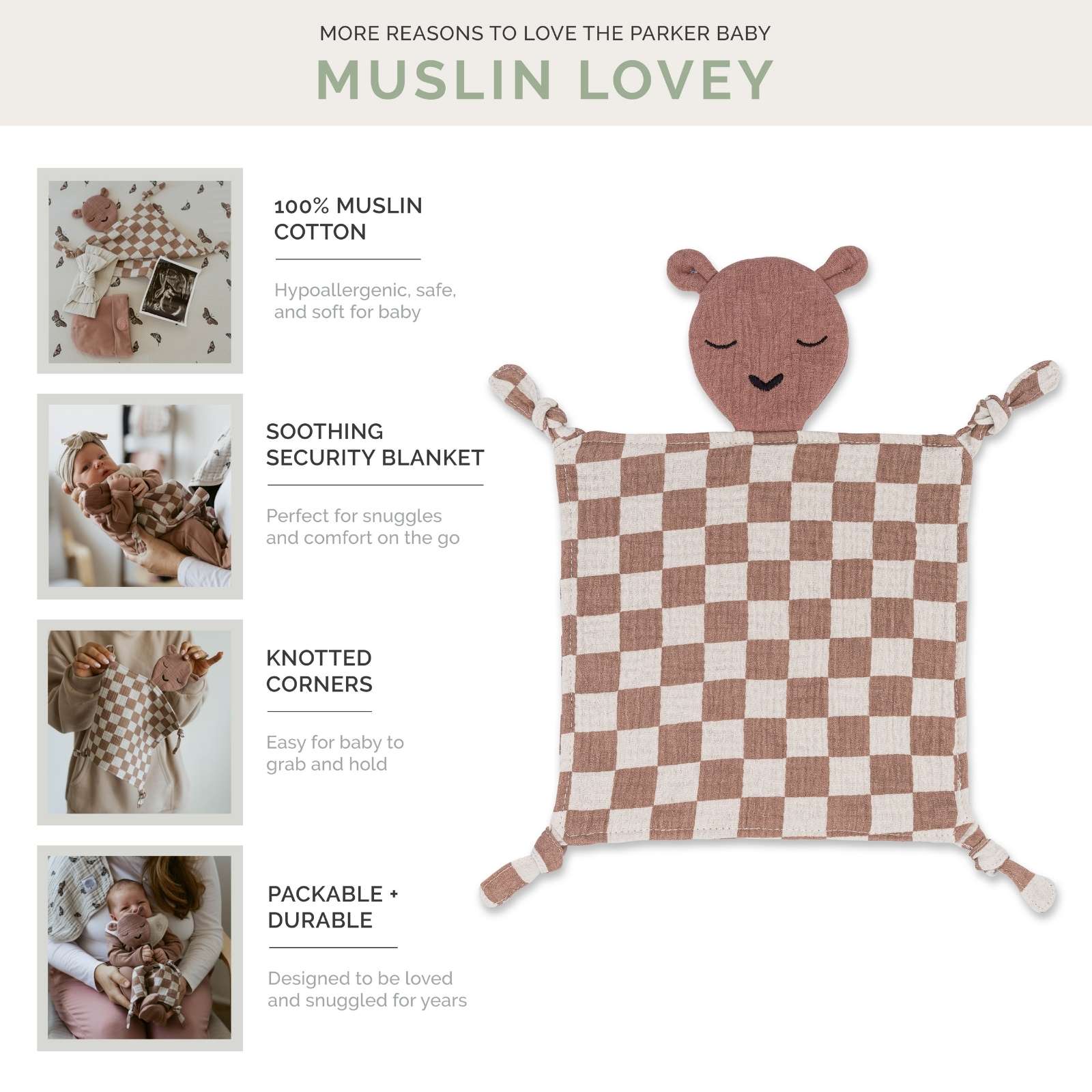 100% Muslin Lovey - Rosewood Checker by Parker Baby Co., product view 3