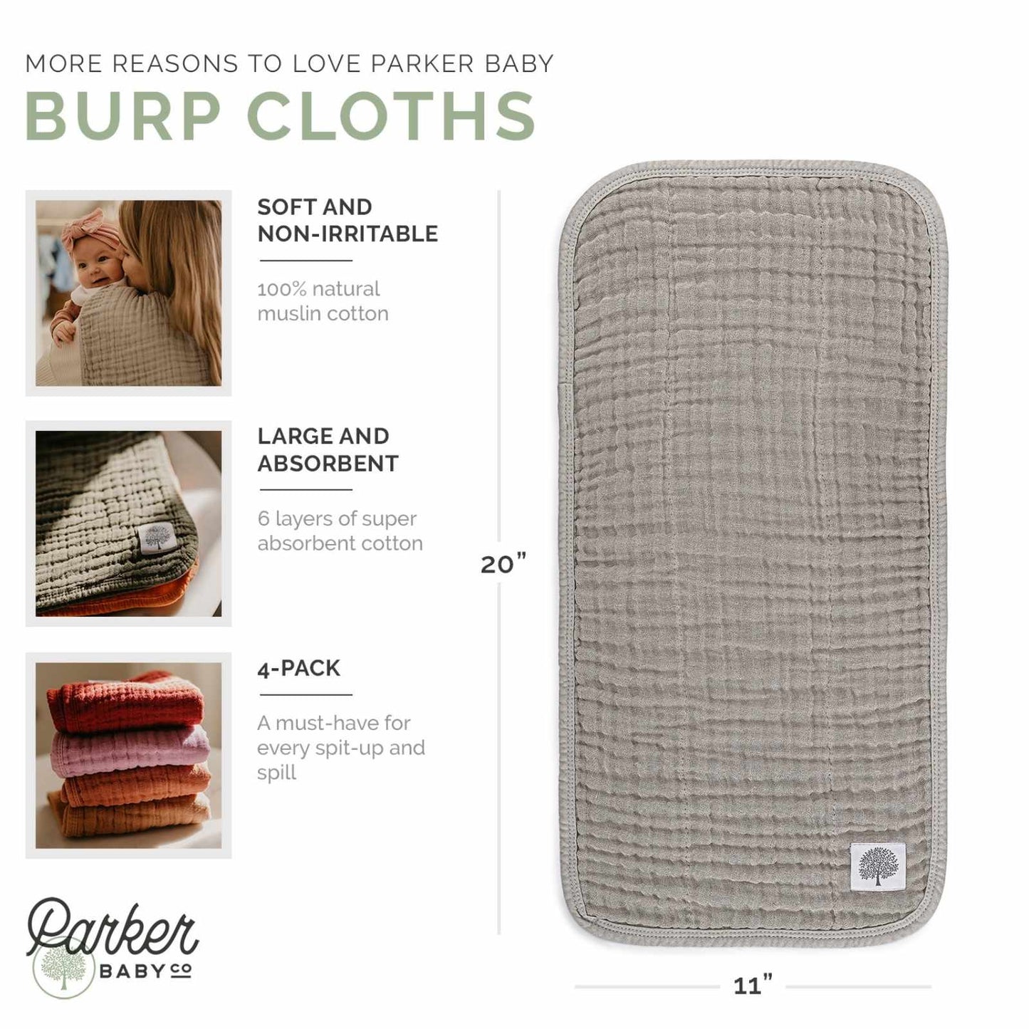 Estes Set - Muslin Burp Cloths (4 Pack) by Parker Baby Co., product view 3