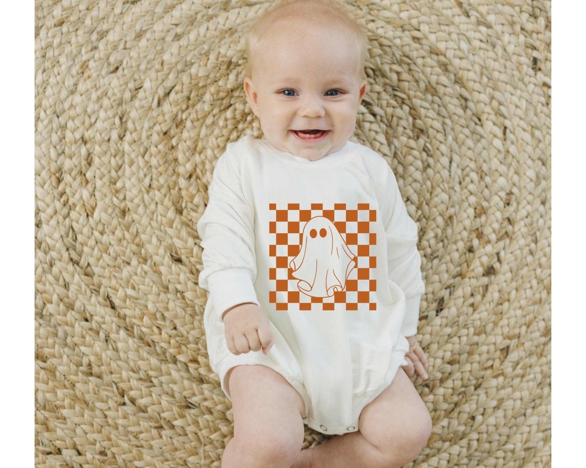 Checkered Ghost Bamboo Sweatshirt Romper by Little Joy Co., product view 10