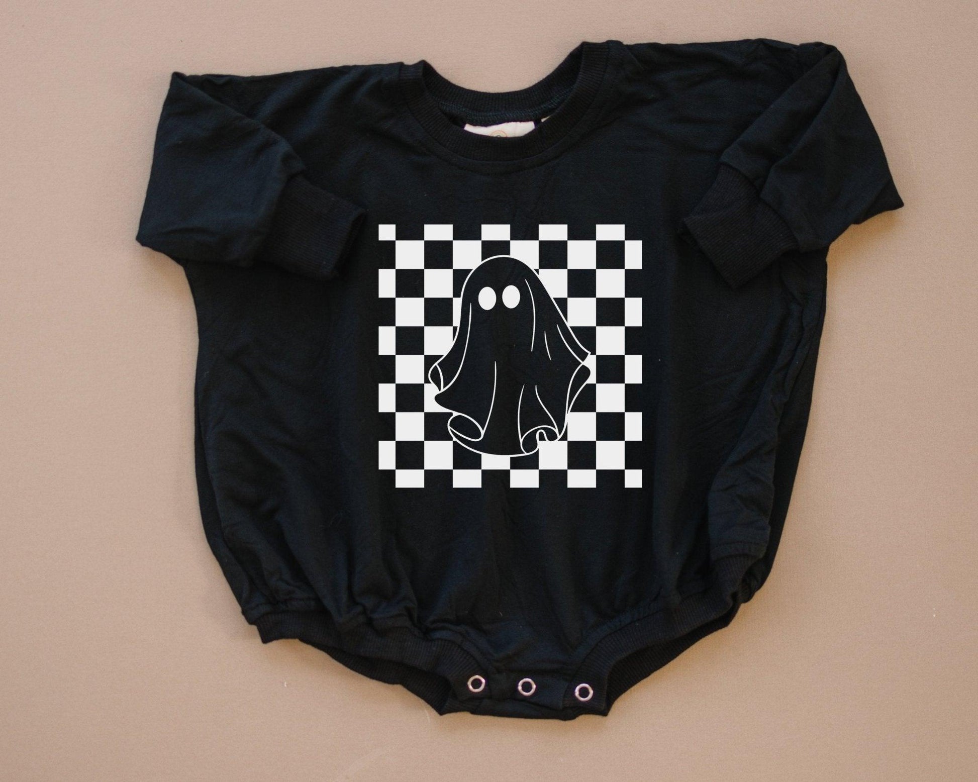 Checkered Ghost Bamboo Sweatshirt Romper by Little Joy Co., product view 11