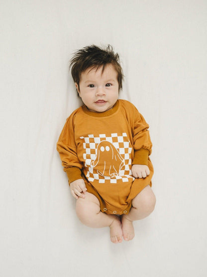 Checkered Ghost Bamboo Sweatshirt Romper by Little Joy Co., product view 6