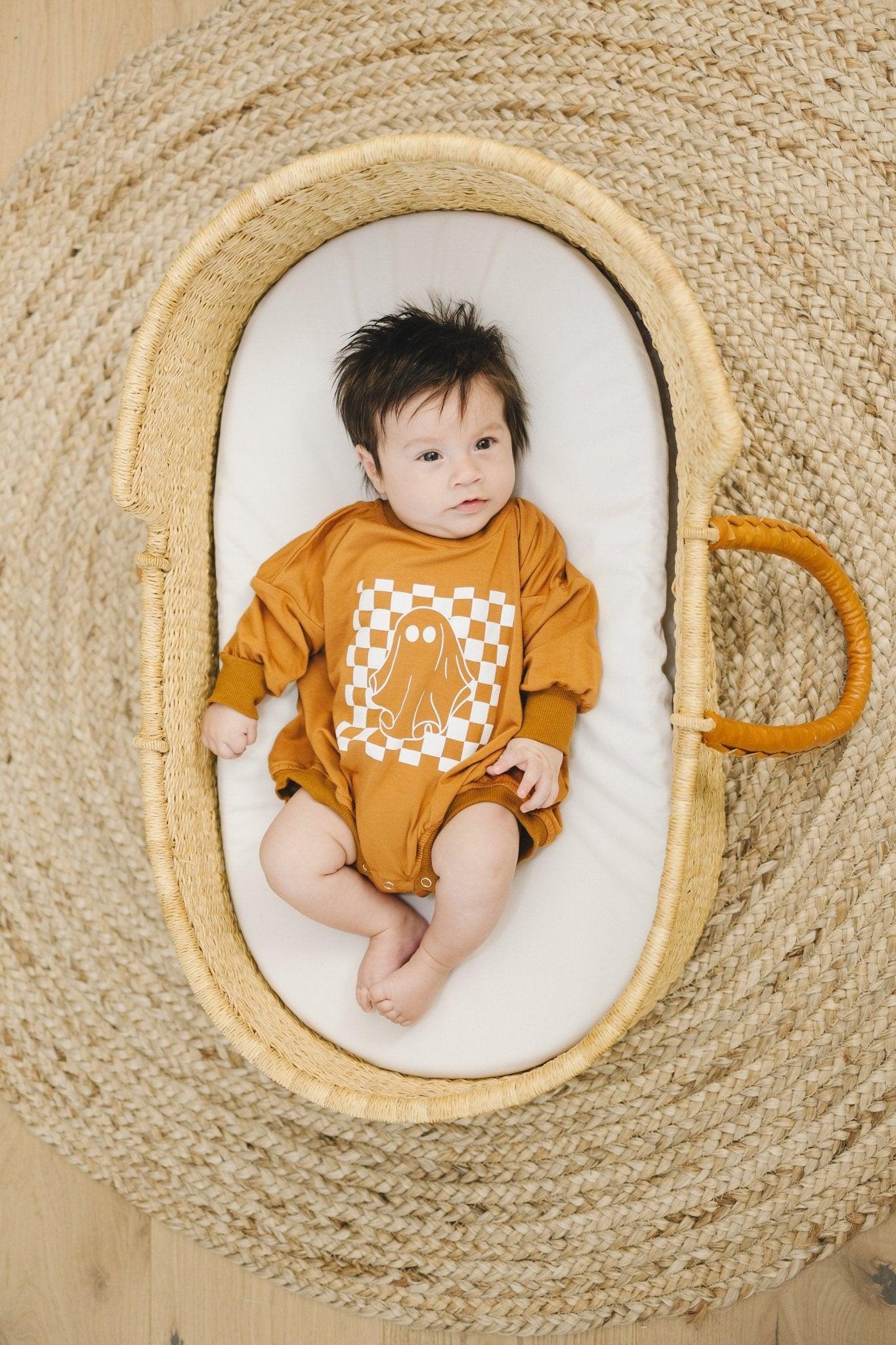 Checkered Ghost Bamboo Sweatshirt Romper by Little Joy Co., product view 3