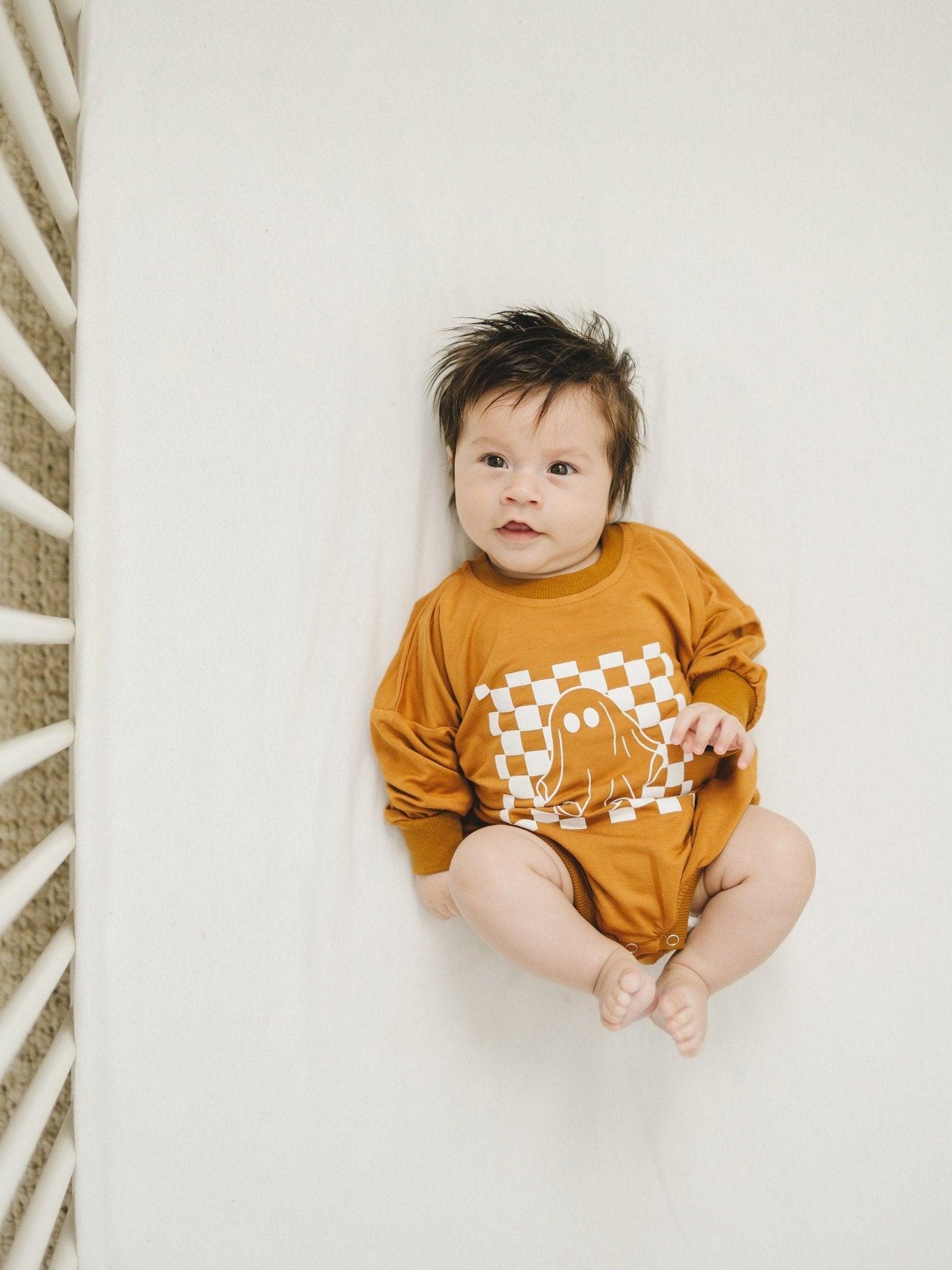 Checkered Ghost Bamboo Sweatshirt Romper by Little Joy Co., product view 5