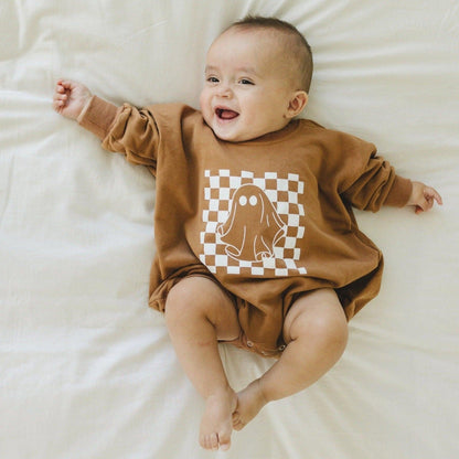 Checkered Ghost Sweatshirt Romper - more colors by Little Joy Co., product view 3
