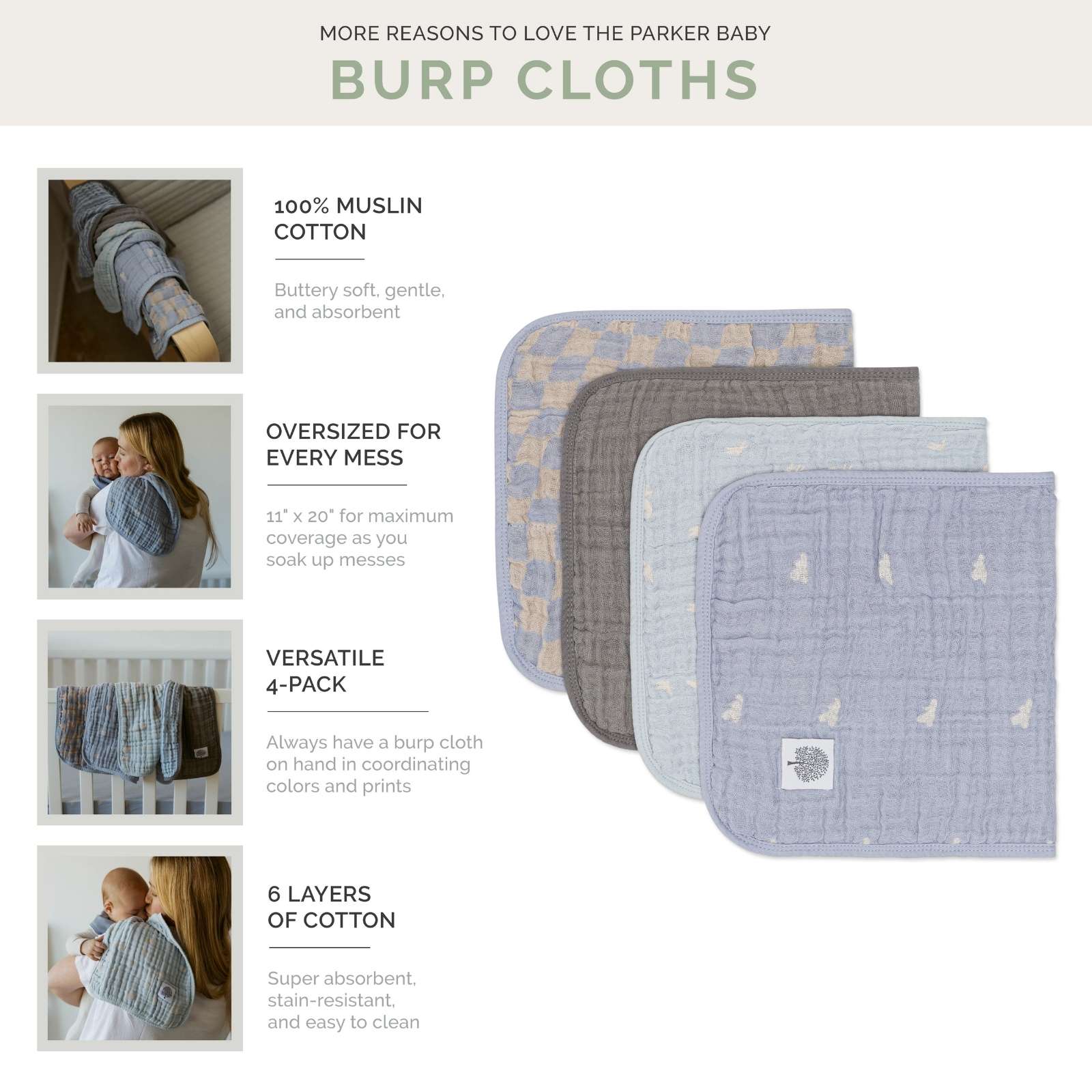 Cloud Set - Muslin Burp Cloths (4 Pack) by Parker Baby Co., product view 3
