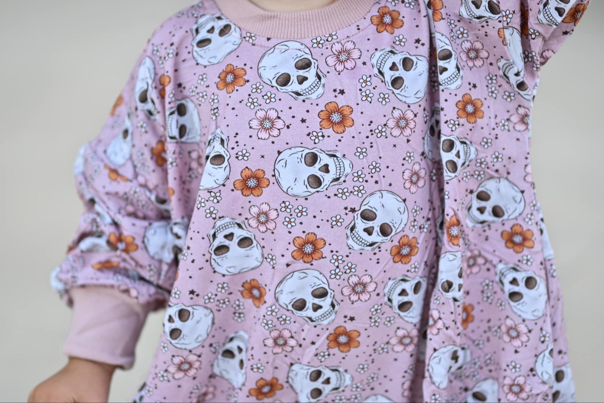 Purple Floral Skulls Bamboo Bubble Romper by Little Joy Co., product view 2