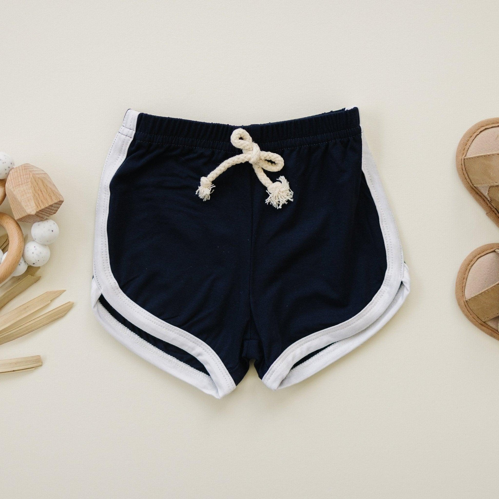 Navy Blue Bamboo Track Shorts by Little Joy Co.