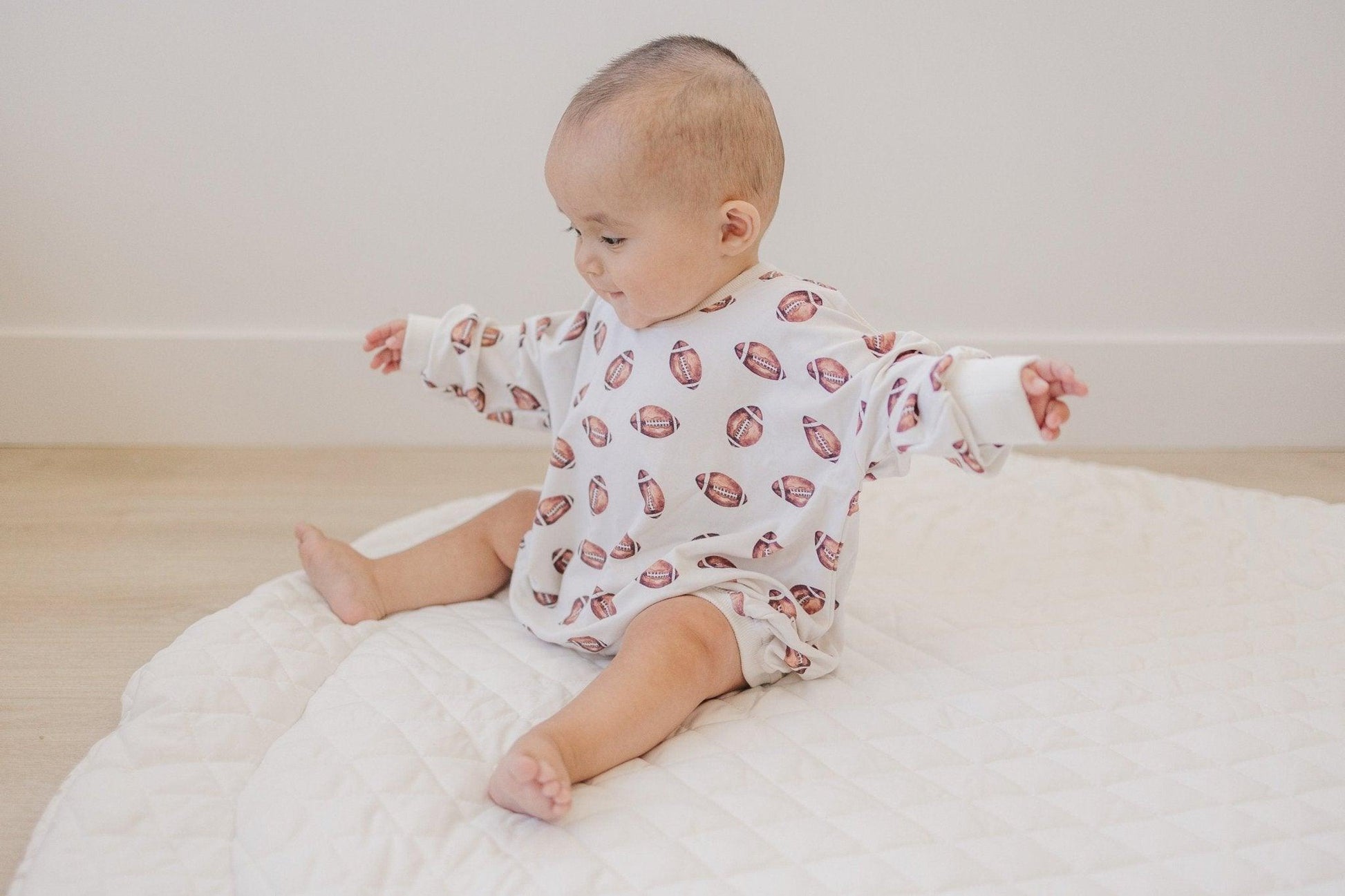 Football Print Bamboo Bubble Romper with Optional Embroidery by Little Joy Co., product view 8