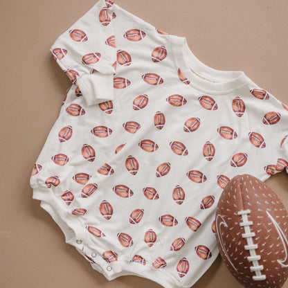 Football Print Bamboo Bubble Romper with Optional Embroidery by Little Joy Co., product view 4