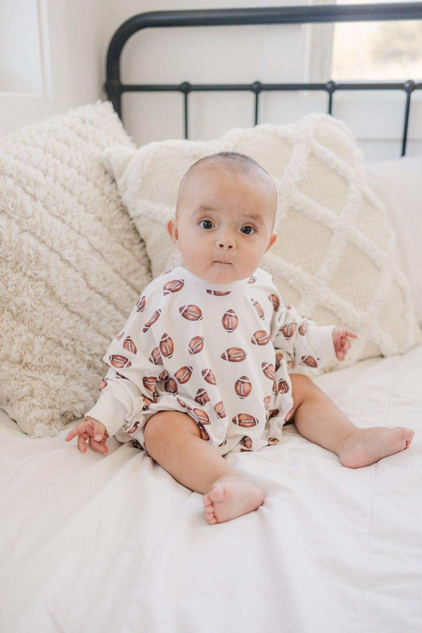 Football Print Bamboo Bubble Romper with Optional Embroidery by Little Joy Co., product view 5