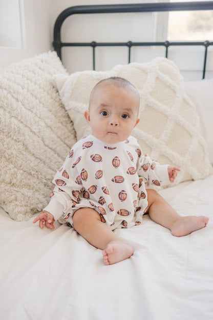 Football Print Bamboo Bubble Romper with Optional Embroidery by Little Joy Co., product view 5