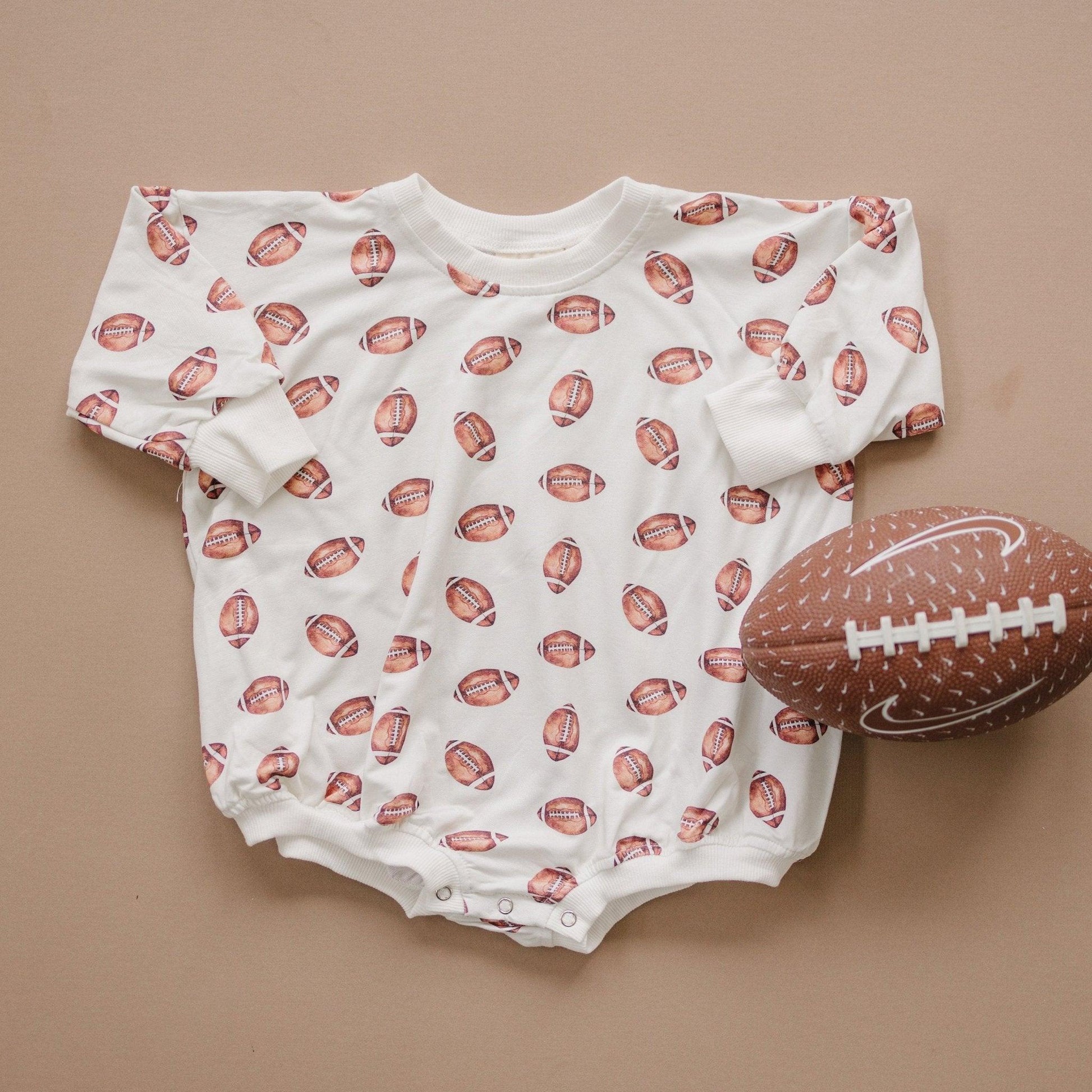 Football Print Bamboo Bubble Romper with Optional Embroidery by Little Joy Co., product view 2