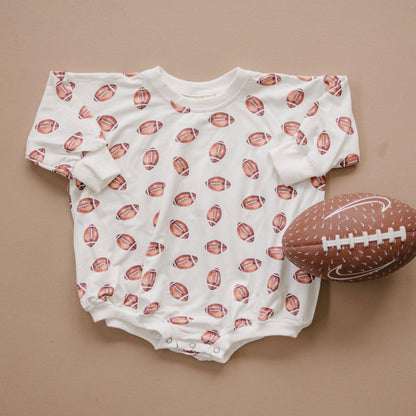 Football Print Bamboo Bubble Romper with Optional Embroidery by Little Joy Co., product view 2