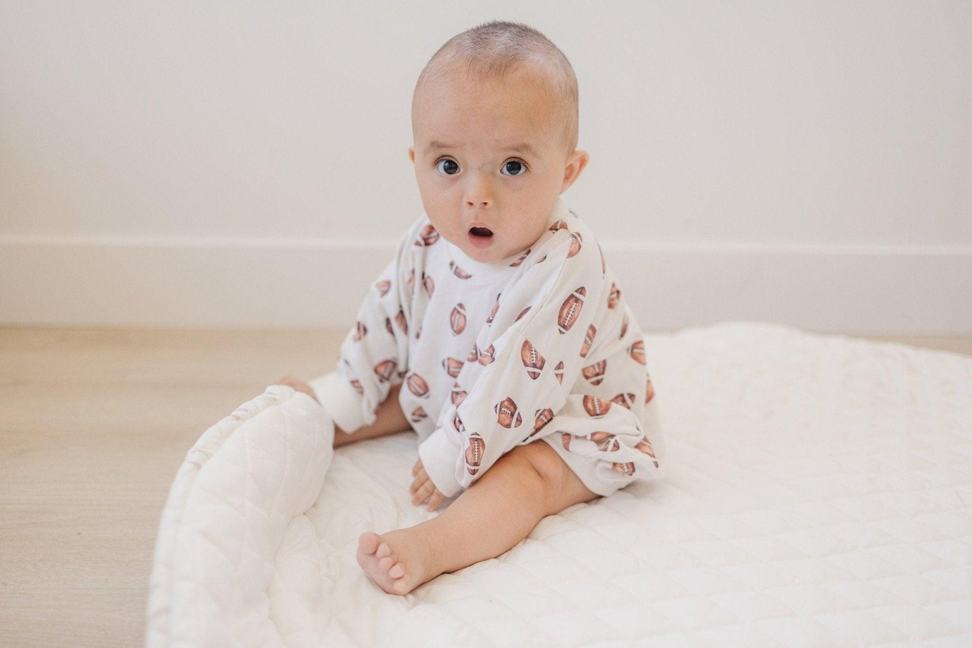 Football Print Bamboo Bubble Romper with Optional Embroidery by Little Joy Co., product view 7