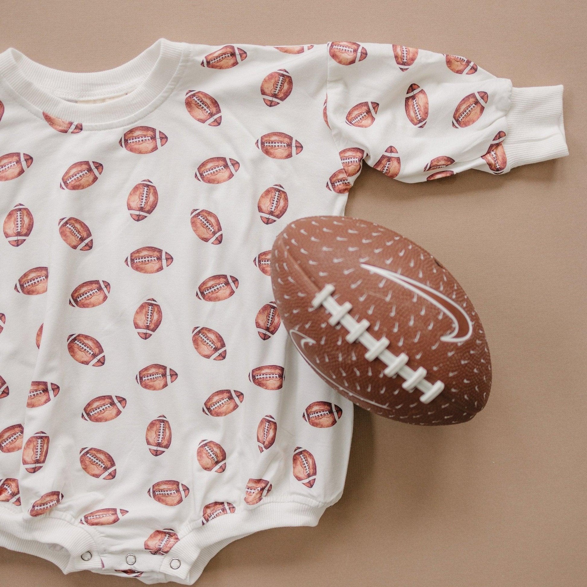 Football Print Bamboo Bubble Romper with Optional Embroidery by Little Joy Co., product view 3