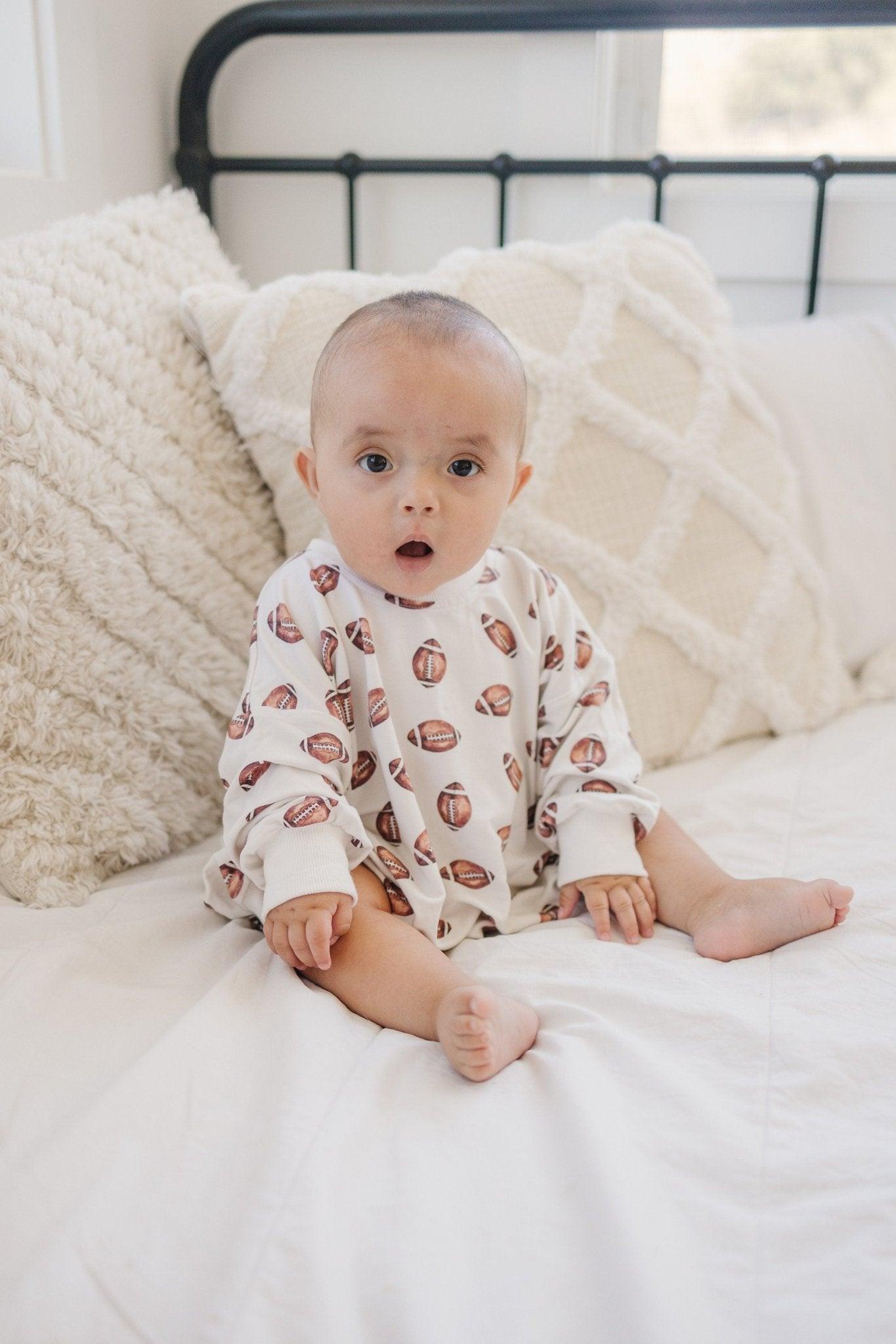 Football Print Bamboo Bubble Romper with Optional Embroidery by Little Joy Co., product view 6