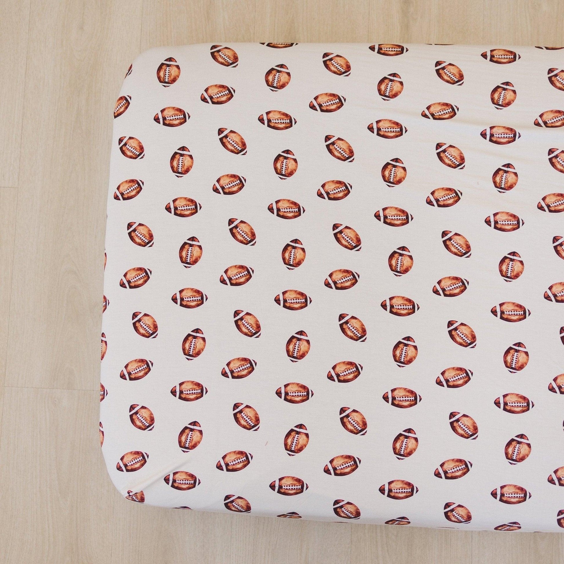 Football Print Bamboo Crib Sheet by Little Joy Co., product view 8