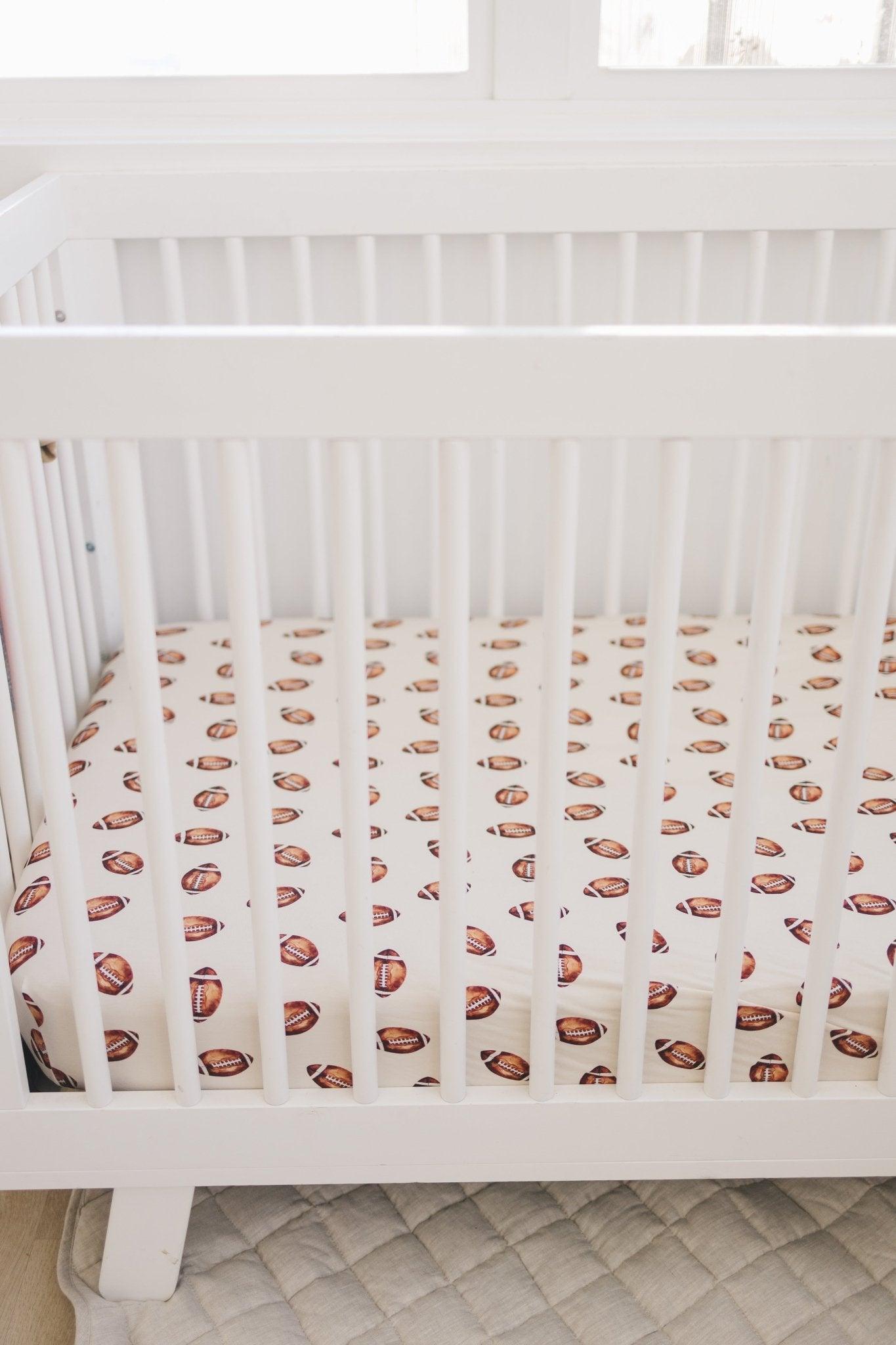 Football Print Bamboo Crib Sheet by Little Joy Co., product view 16