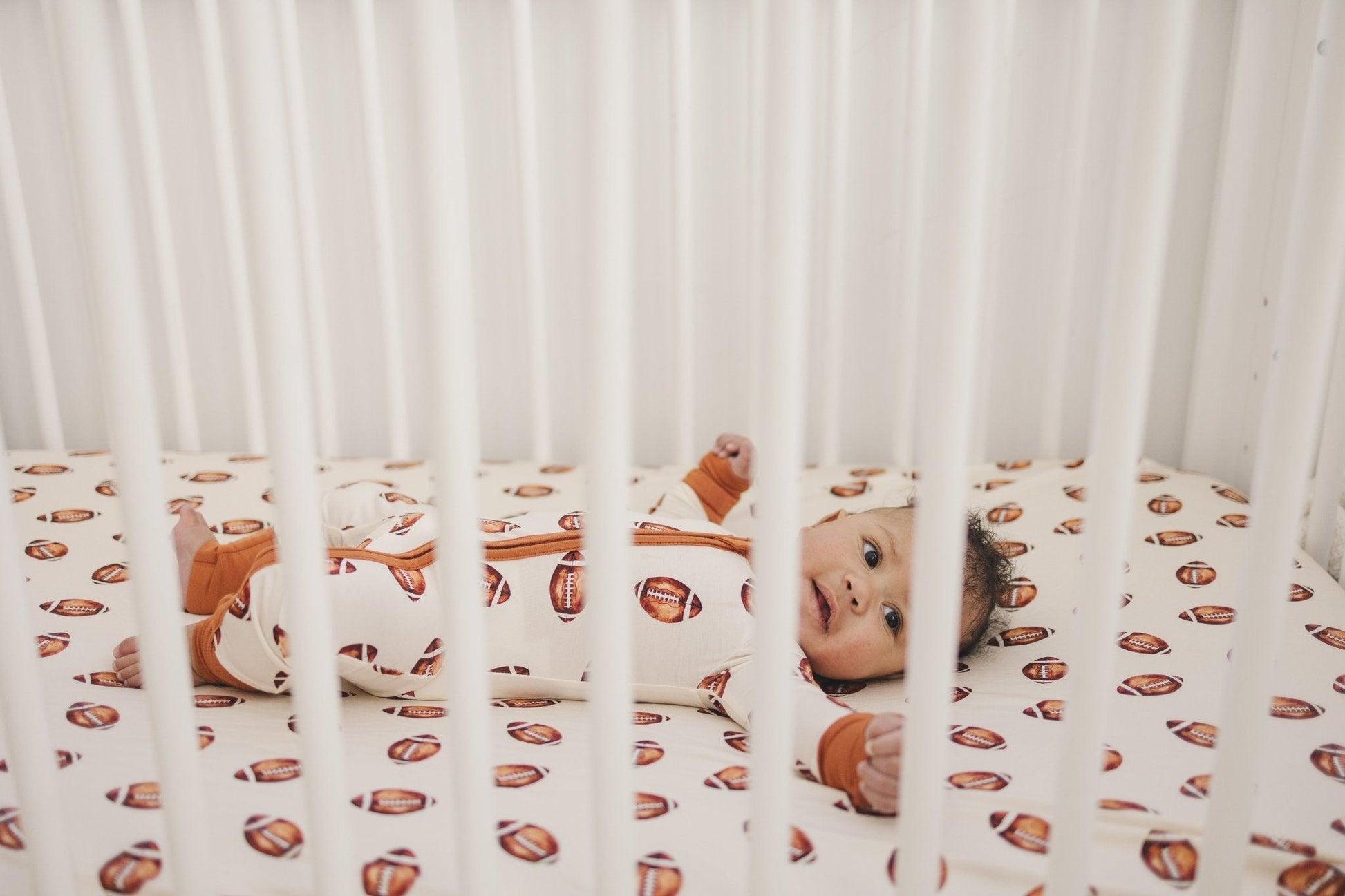 Football Print Bamboo Crib Sheet by Little Joy Co., product view 12