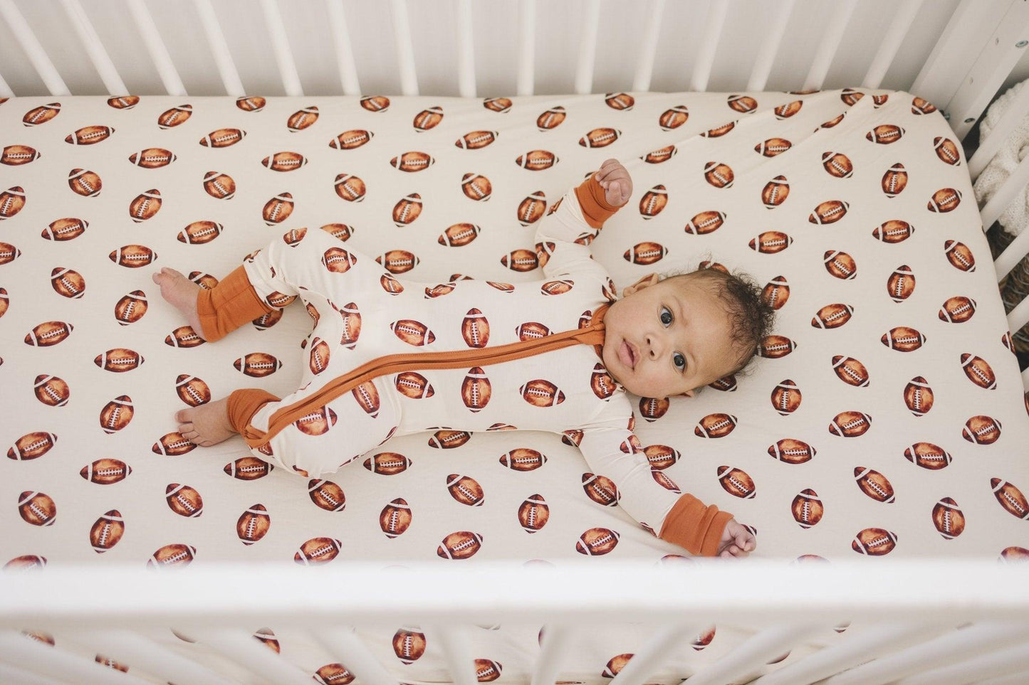 Football Print Bamboo Crib Sheet by Little Joy Co., product view 10