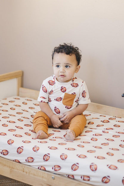 Football Print Bamboo Crib Sheet by Little Joy Co., product view 3