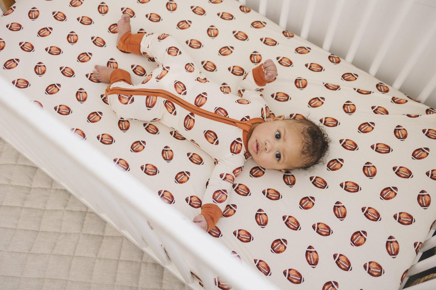 Football Print Bamboo Crib Sheet by Little Joy Co., product view 14