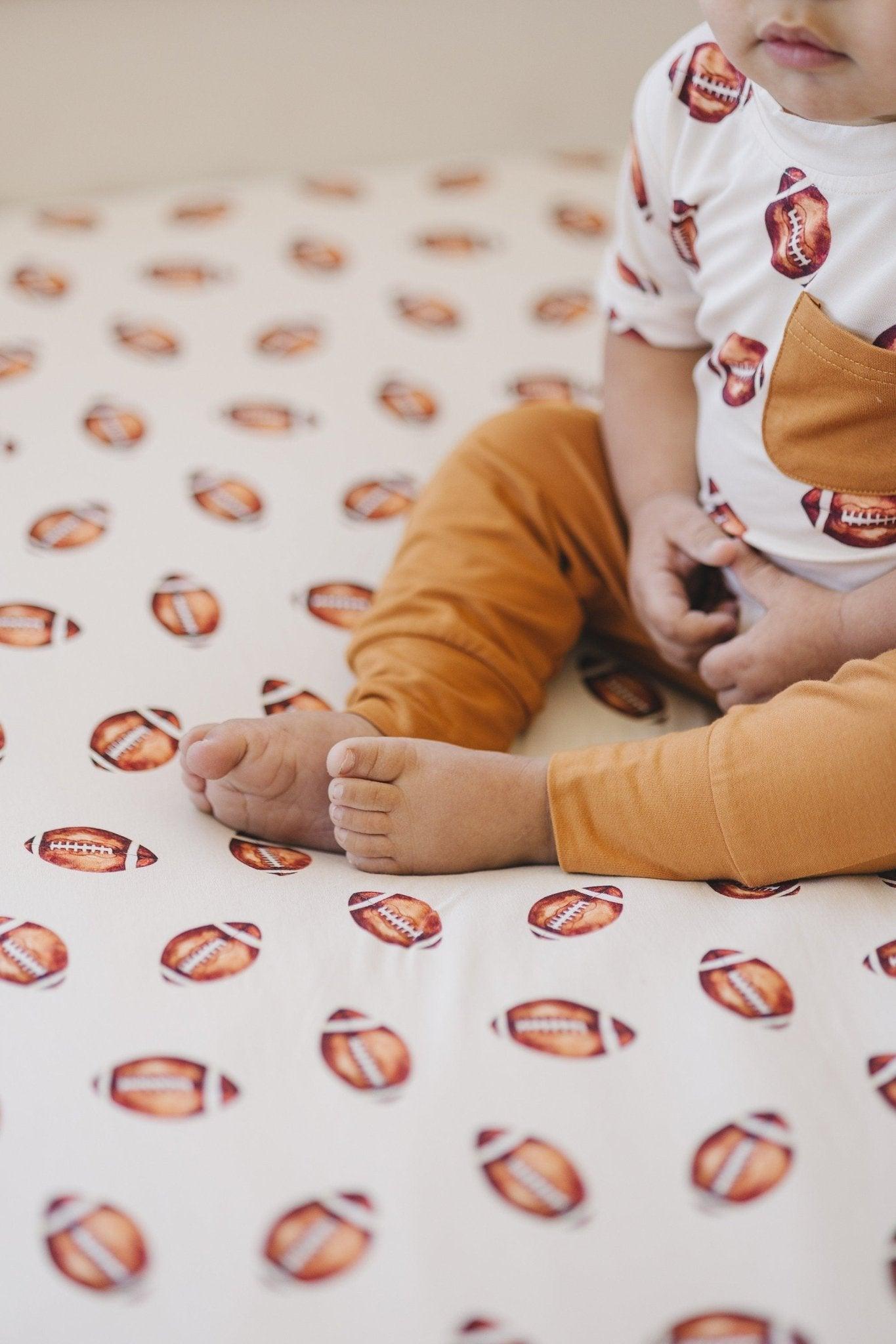 Football Print Bamboo Crib Sheet by Little Joy Co., product view 7