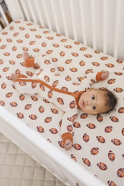 Football Print Bamboo Crib Sheet by Little Joy Co., product view 11