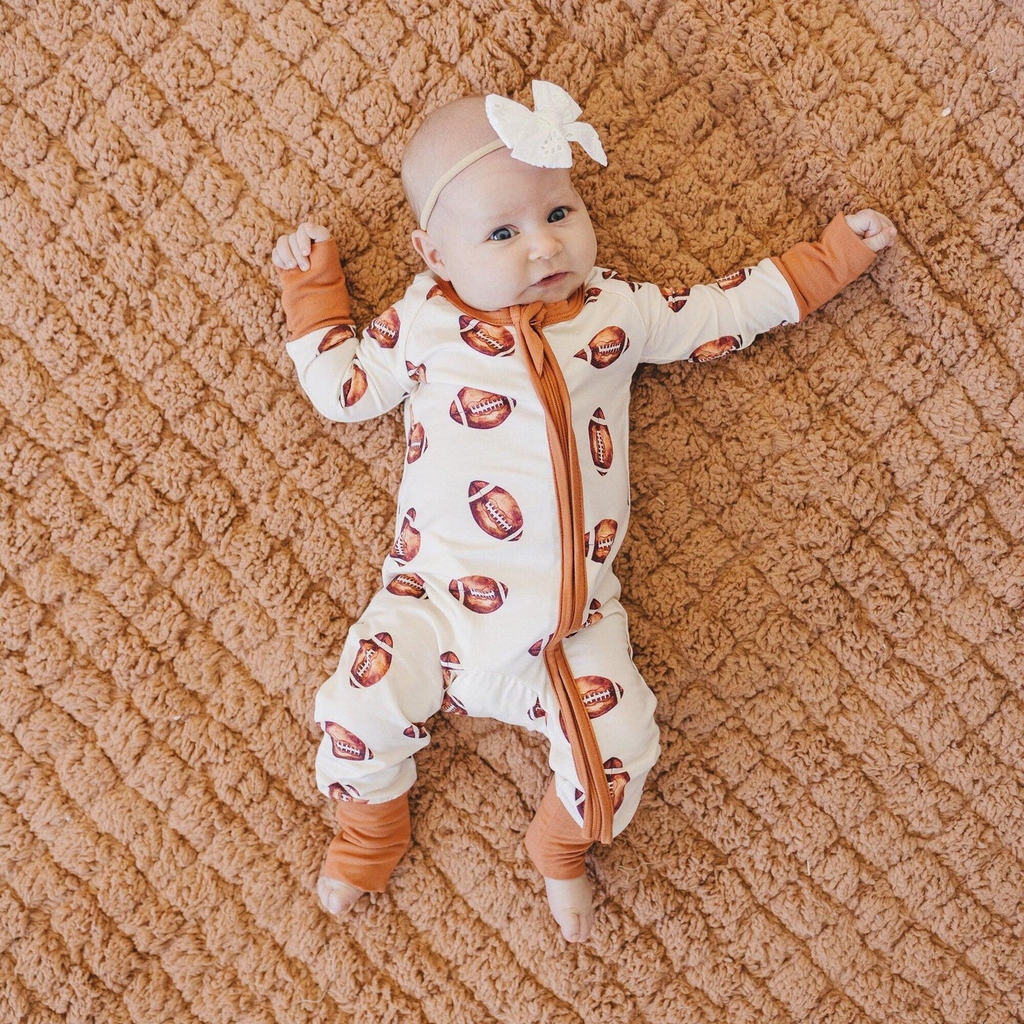 Football Print Bamboo Zippy Romper by Little Joy Co., product view 7