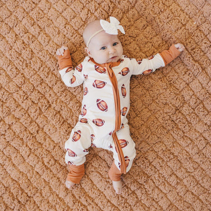 Football Print Bamboo Zippy Romper by Little Joy Co., product view 7