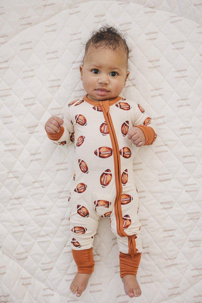 Football Print Bamboo Zippy Romper by Little Joy Co., product view 10