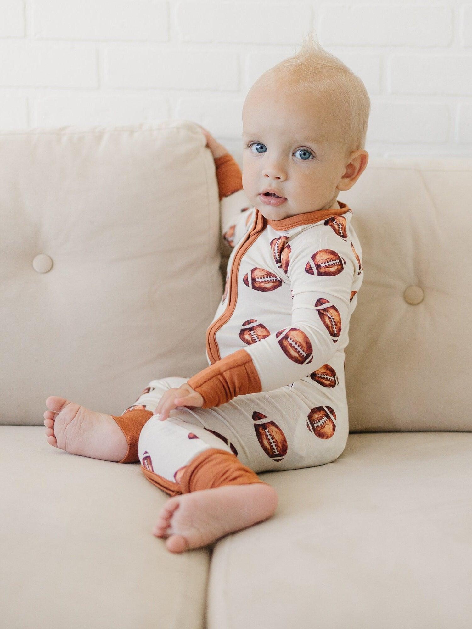 Football Print Bamboo Zippy Romper by Little Joy Co., product view 4