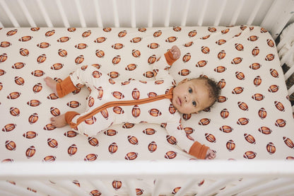 Football Print Bamboo Zippy Romper by Little Joy Co., product view 11