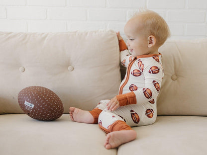 Football Print Bamboo Zippy Romper by Little Joy Co., product view 5