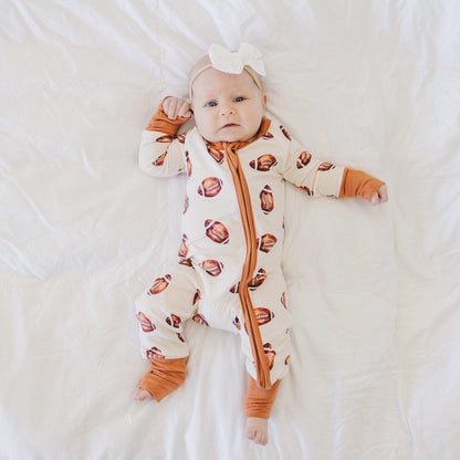 Football Print Bamboo Zippy Romper by Little Joy Co., product view 8