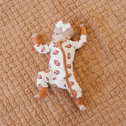 Football Print Bamboo Zippy Romper by Little Joy Co., product view 6