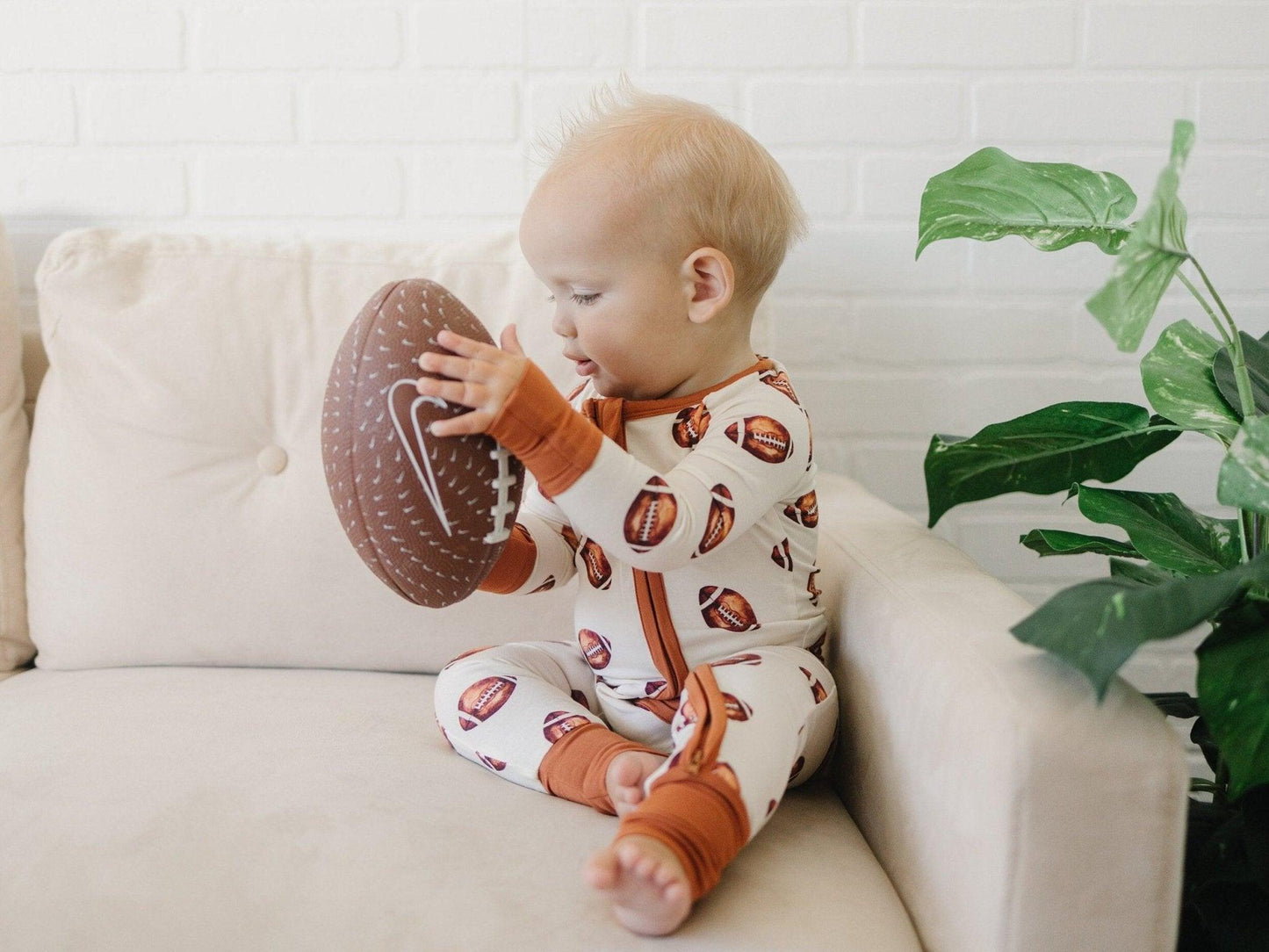Football Print Bamboo Zippy Romper by Little Joy Co., product view 3