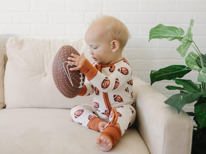 Football Print Bamboo Zippy Romper by Little Joy Co., product view 3