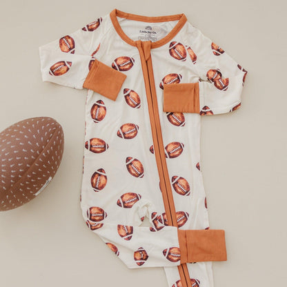 Football Print Bamboo Zippy Romper by Little Joy Co., product view 2